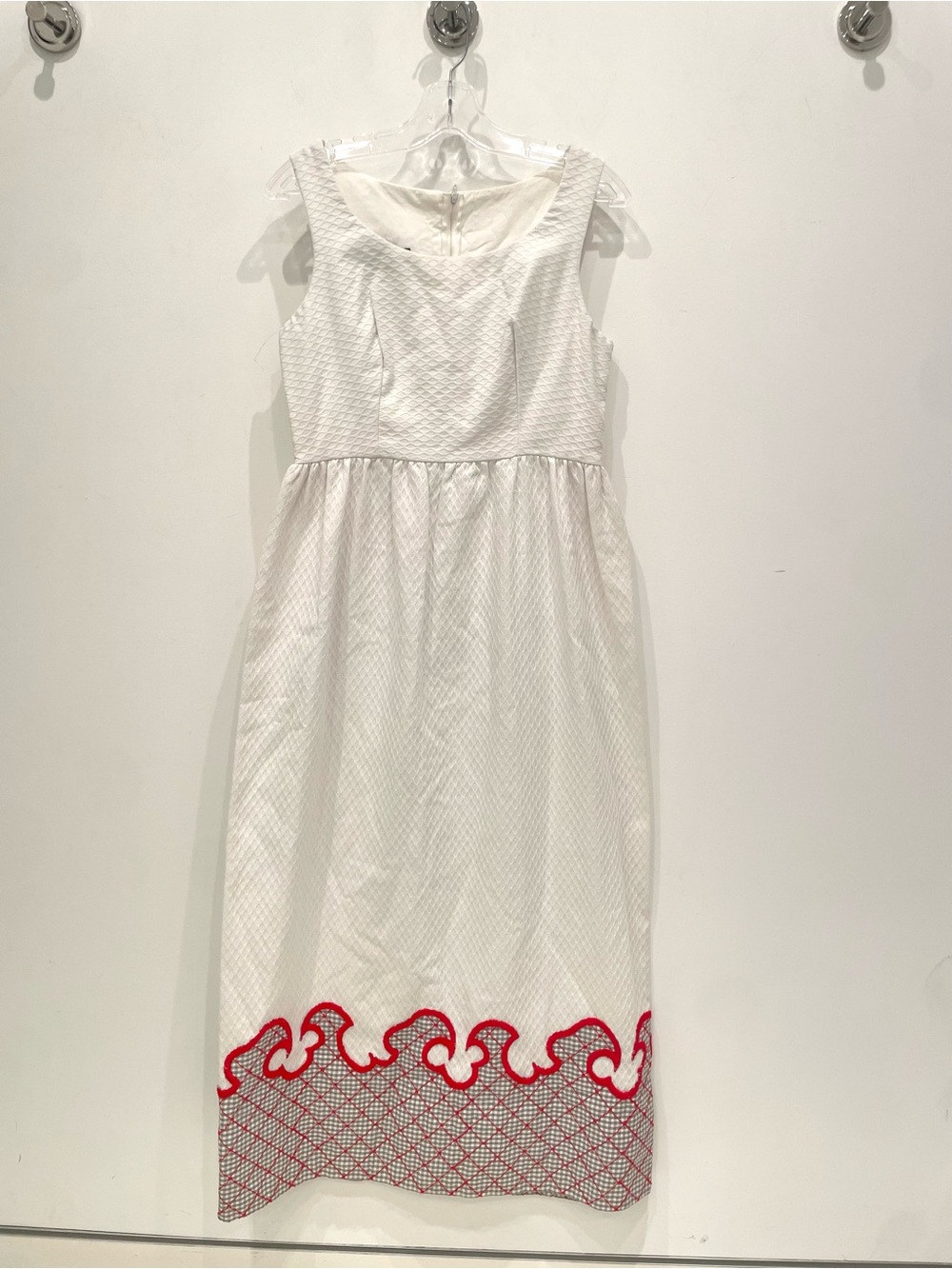 White Sleeveless Maxi Dress with Red Scalloped Hem